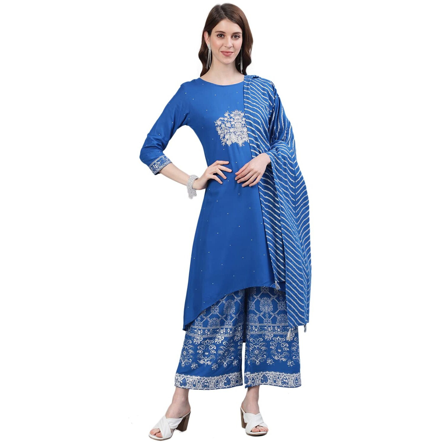 Ishin Womens Viscose Rayon Blue Embroidered Anarkali Kurta Suit Set With Palazzos Xynw0Re-Kpre-141D_Xl_Blue