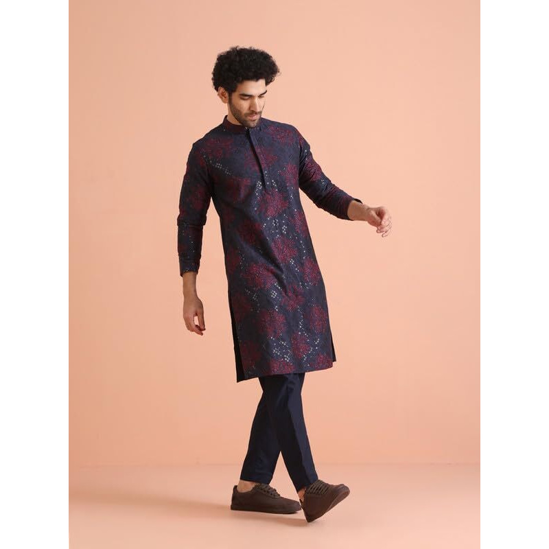 Kisah Mens Kurta|Blended Fabric Embroidered Semi-Casual Mens Ethnic Wear|Regular Fit Mandarin Collar Long Sleeves, Navy Blue, 44