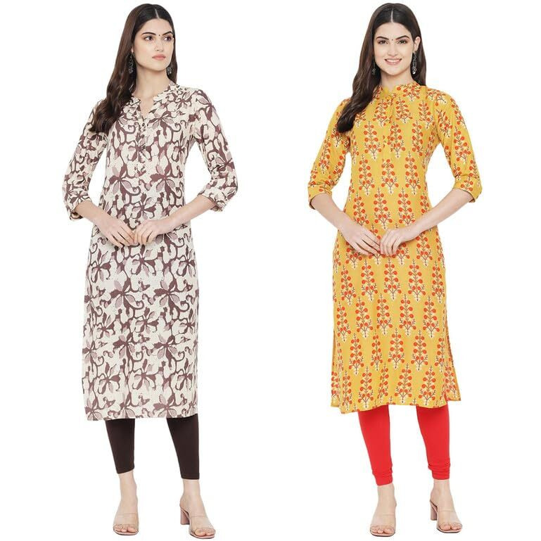 Pinkmint Women Cotton Printed Kurta Stylish Regulr Fit Girl's Combo Kurta Ll Regular Fit Combo Kurta (Pack Of 2) Cream-Yellow