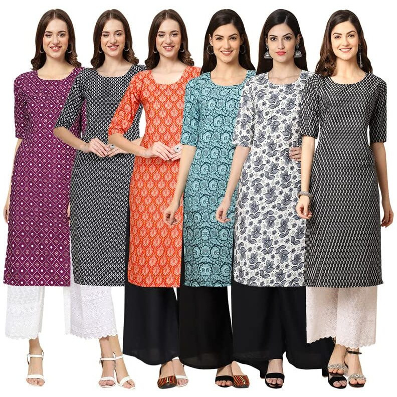 Pinkmint Women's Crepe Digital Print Straight Kurta [Pack Of 6] Multicolour