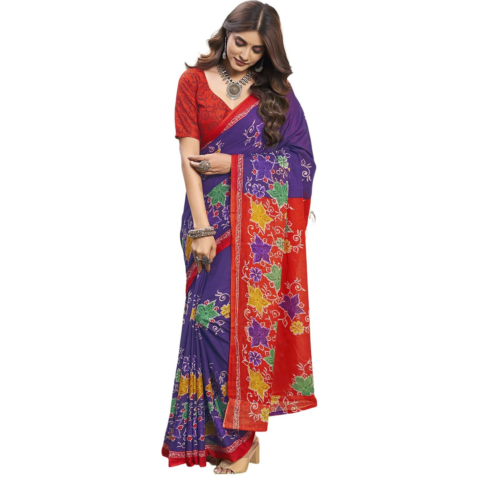 Satrani Womens Cotton Floral Printed Saree With Unstitched Blouse Piece (3790S102N_Violet & Red)