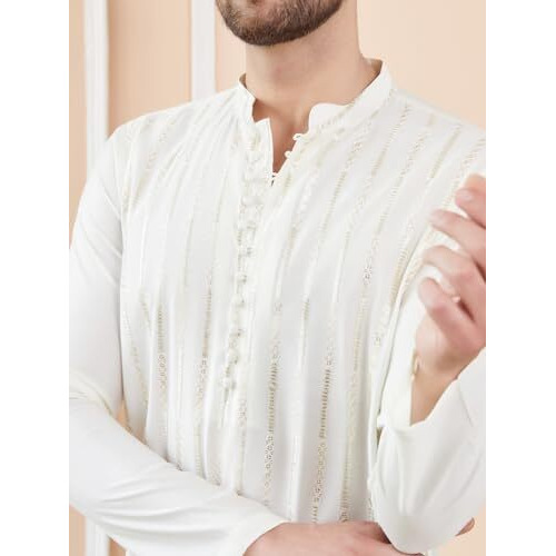 See Designs Men Full Sleeve Side Slit Off White And Gold Chanderi Silk Sequins Mandarin Collar Kurta - Sd2Kt_2423L