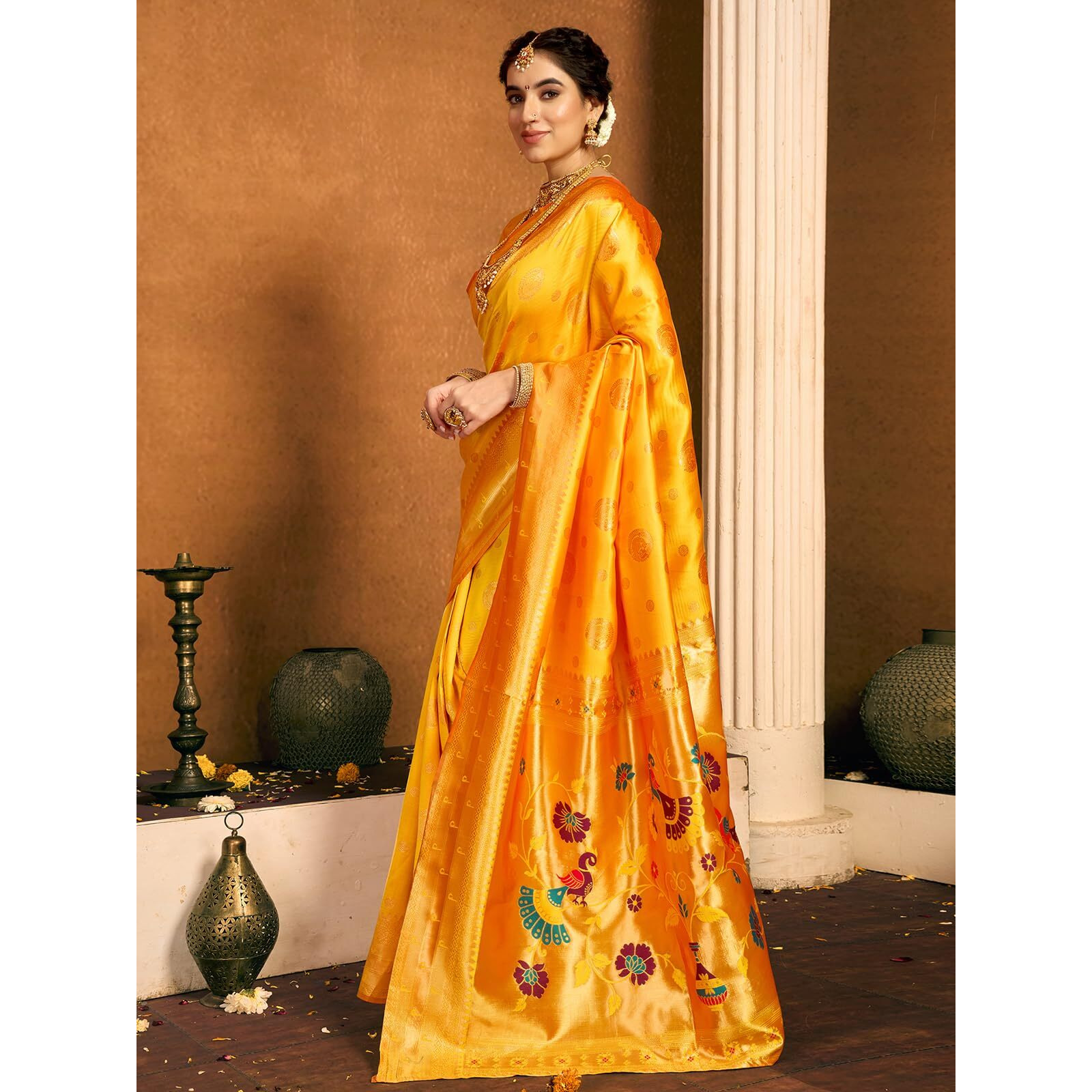 Satrani Women's Silk Paithani Jacquard Saree With Unstitched Blouse Piece (4052S6360N_Yellow2)