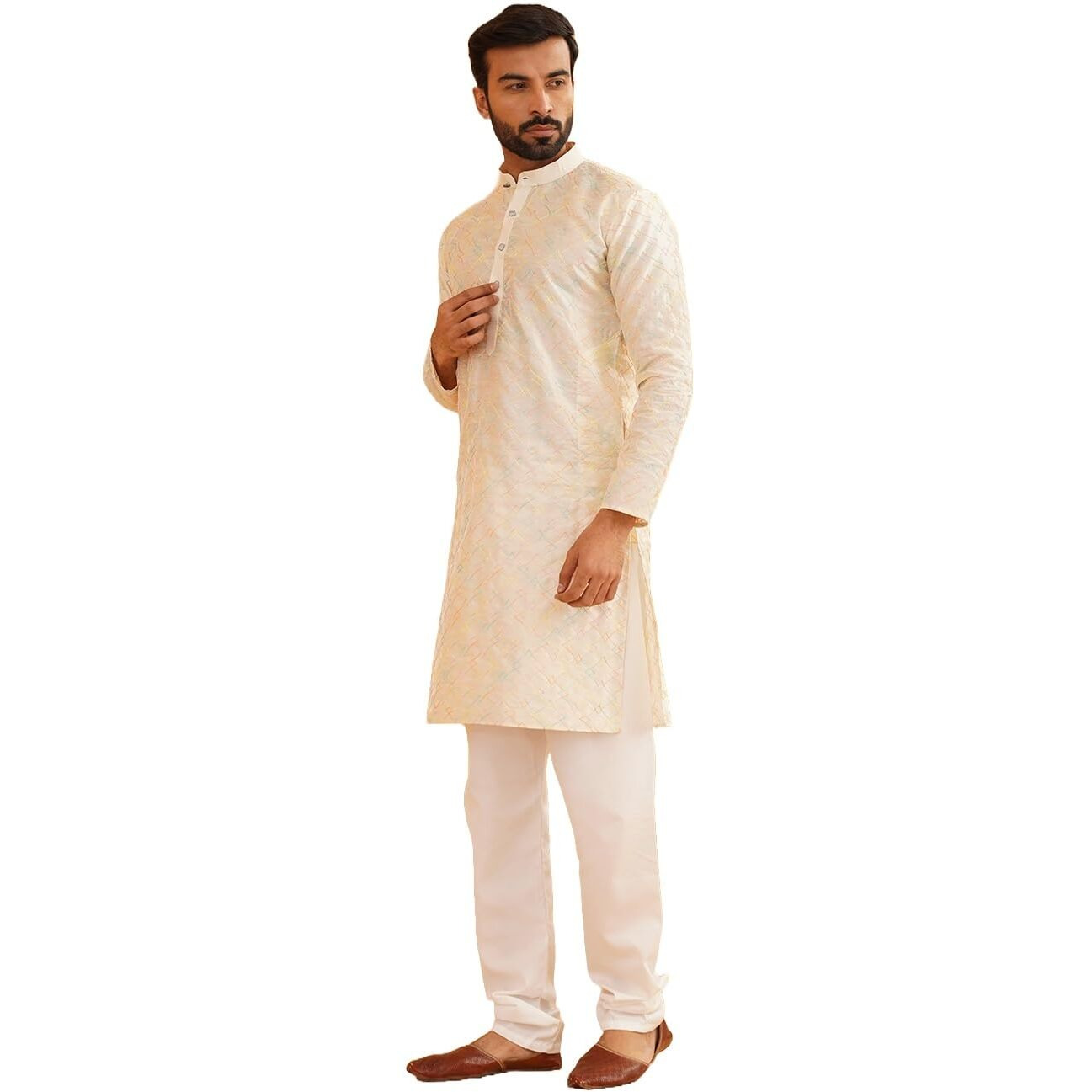 Sojanya (Since 1958 Men's Silk Blend Cream Kurta With Multi Color Embroidery And Off-White Pyjama