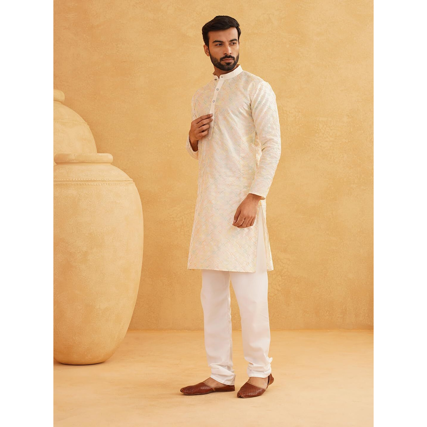 Sojanya (Since 1958 Men's Silk Blend Cream Kurta With Multi Color Embroidery And Off-White Pyjama