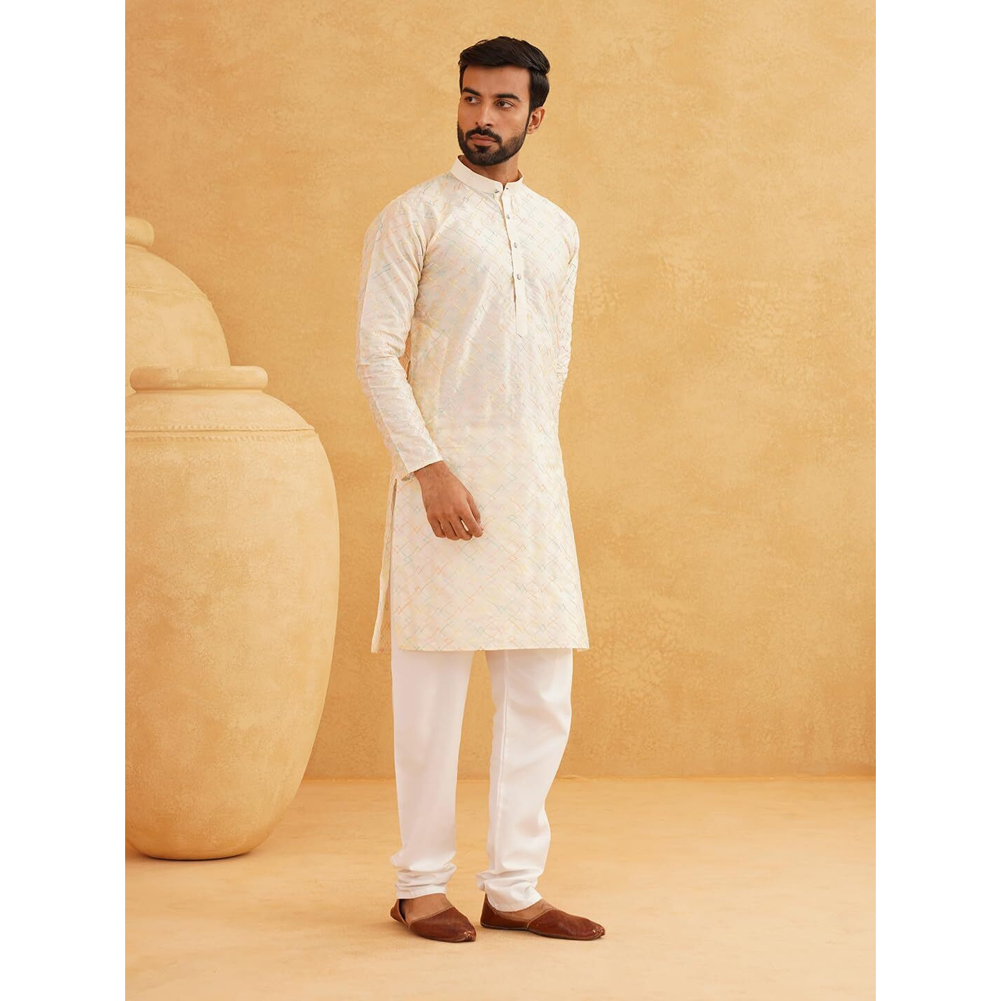 Sojanya (Since 1958 Men's Silk Blend Cream Kurta With Multi Color Embroidery And Off-White Pyjama