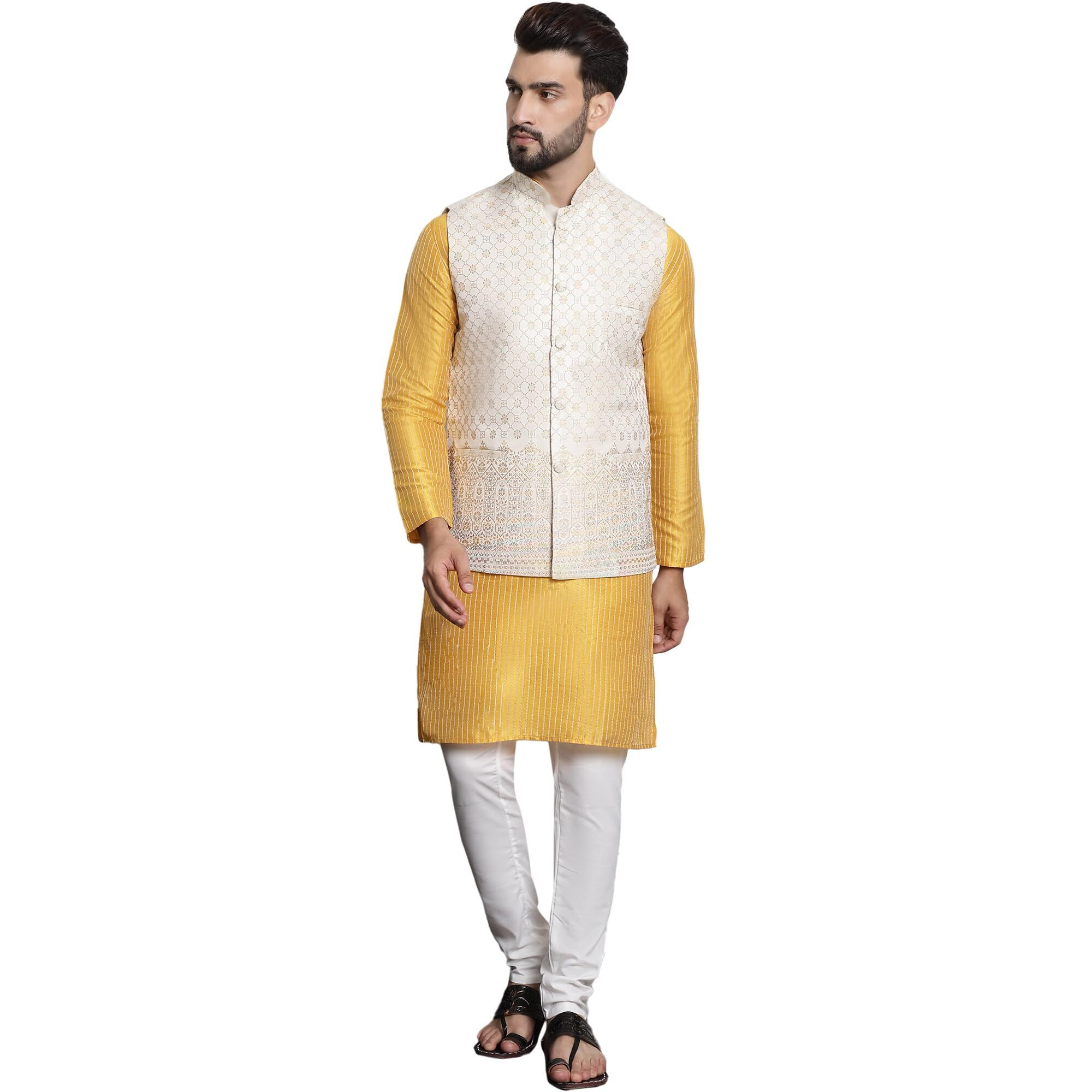 Sojanya (Since 1958 Mens Silk Blend Mustard Kurta And Off-White Pyjama With Cream Nehru Jacket