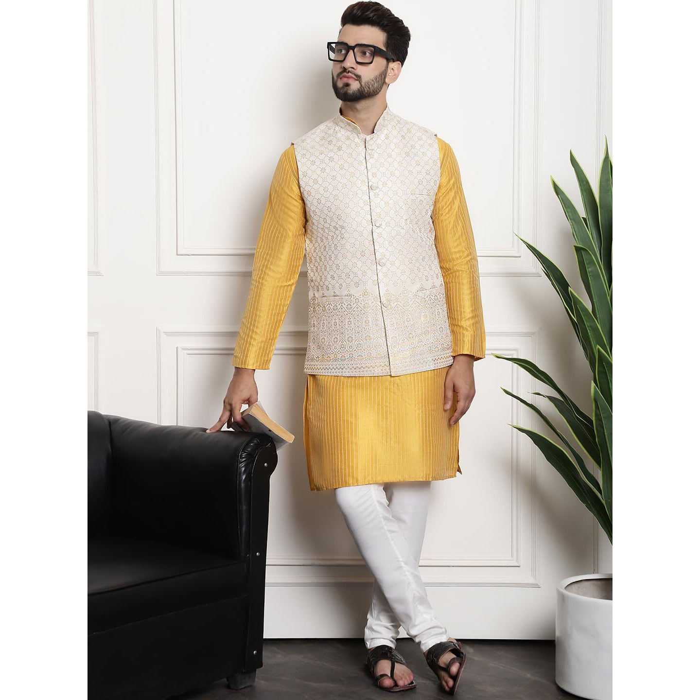Sojanya (Since 1958 Mens Silk Blend Mustard Kurta And Off-White Pyjama With Cream Nehru Jacket