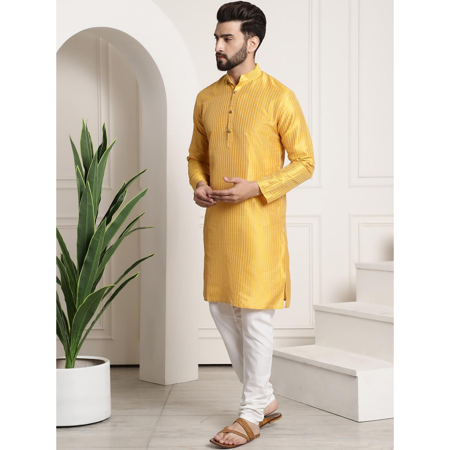 Sojanya (Since 1958 Mens Silk Blend Mustard Kurta And Off-White Pyjama With Cream Nehru Jacket