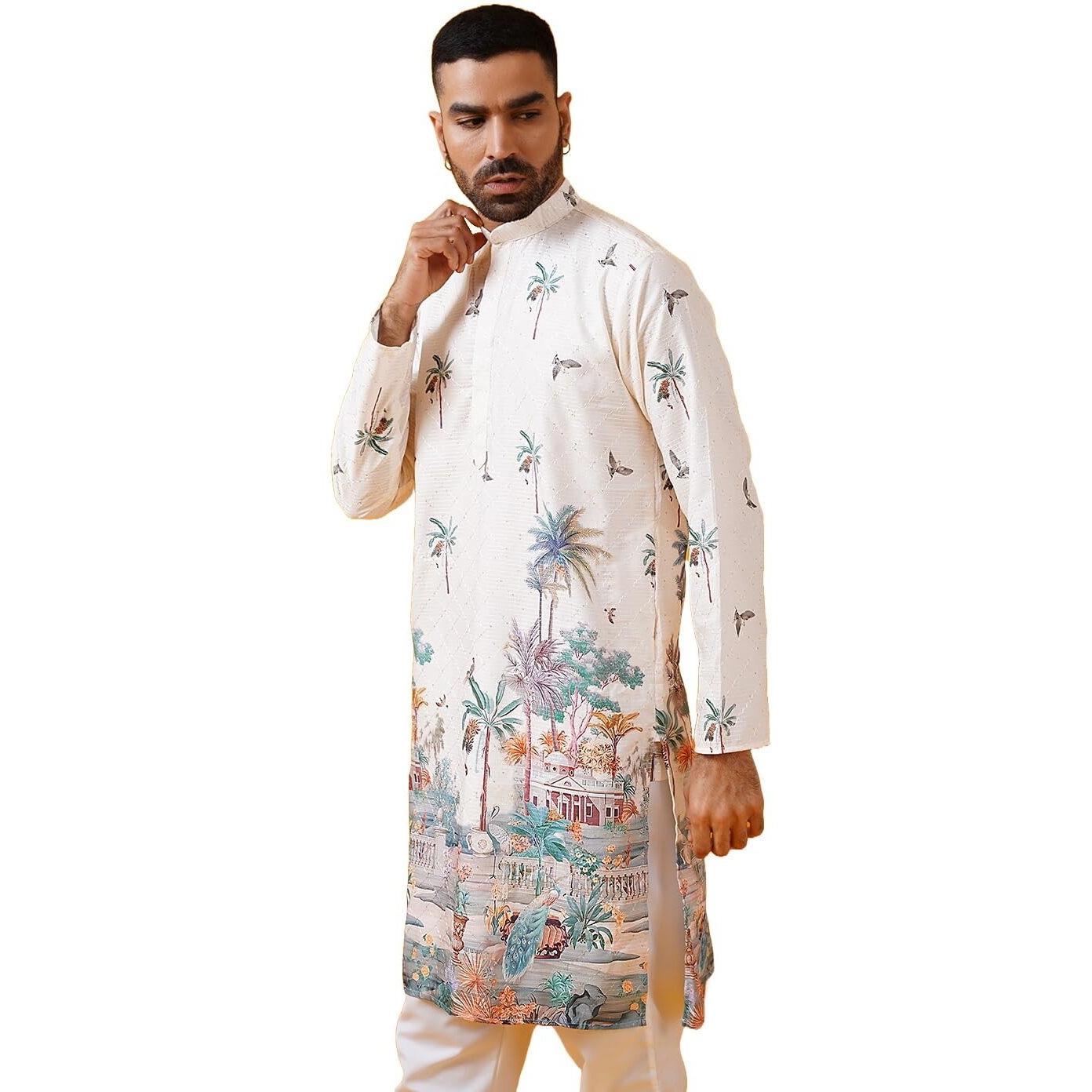 Sojanya (Since 1958 Mens Cotton Krochet Daman Print Cream Long Kurta