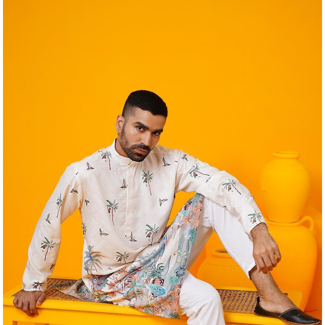 Sojanya (Since 1958 Mens Cotton Krochet Daman Print Cream Long Kurta