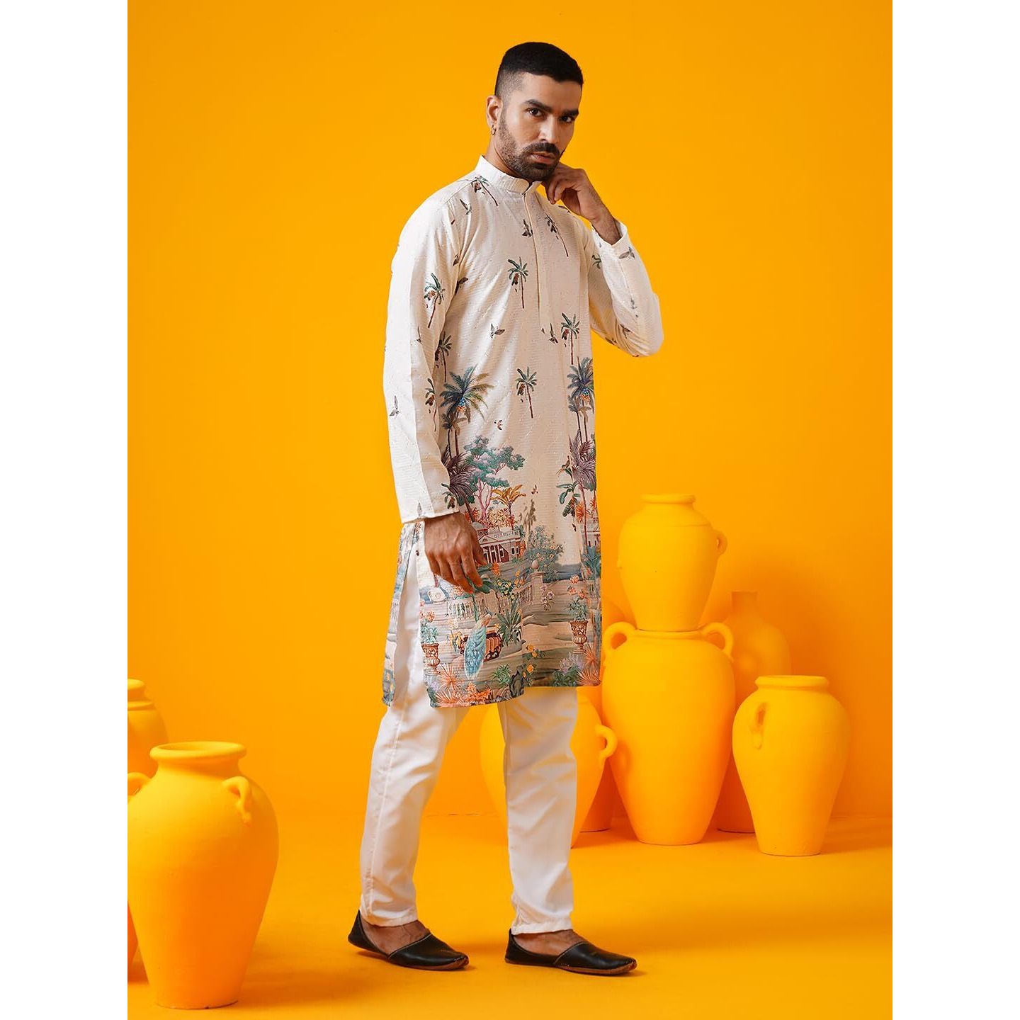 Sojanya (Since 1958 Mens Cotton Krochet Daman Print Cream Long Kurta