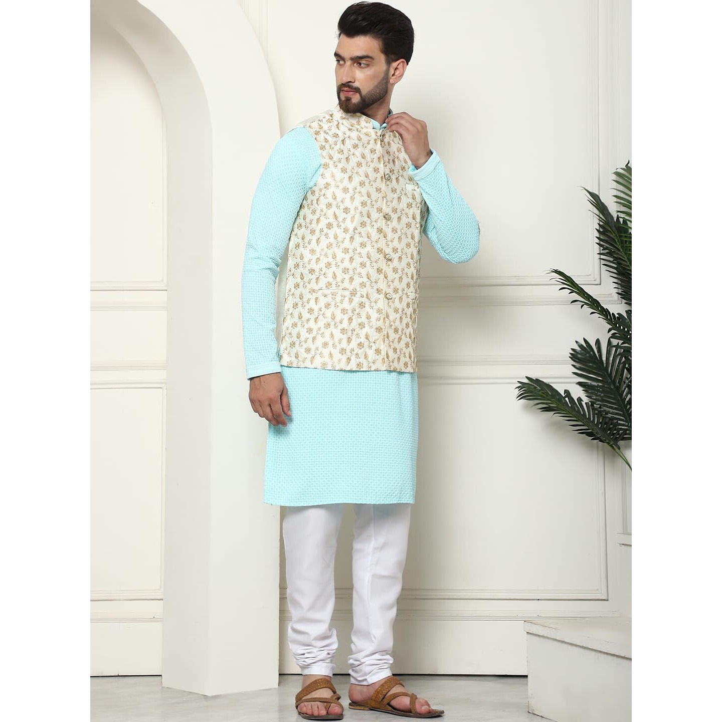 Sojanya (Since 1958 Mens Pure Cotton Sky Blue Kurta And White Pyjama With Embroidered Cream Nehru Jacket