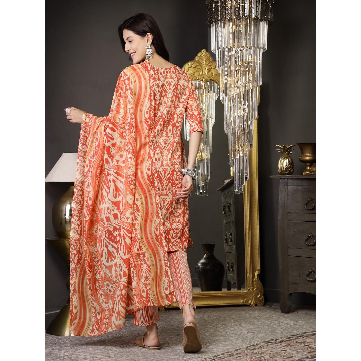 Stylum Womens Printed Cotton Straight Kurta Pant Dupatta (Kpdrustpatu36_Rust, S)
