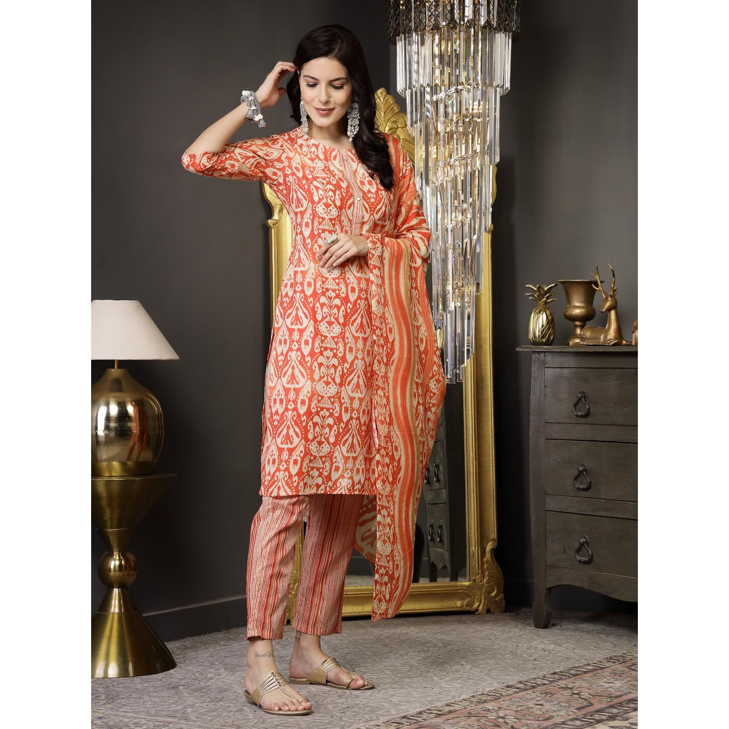 Stylum Womens Printed Cotton Straight Kurta Pant Dupatta (Kpdrustpatu36_Rust, S)