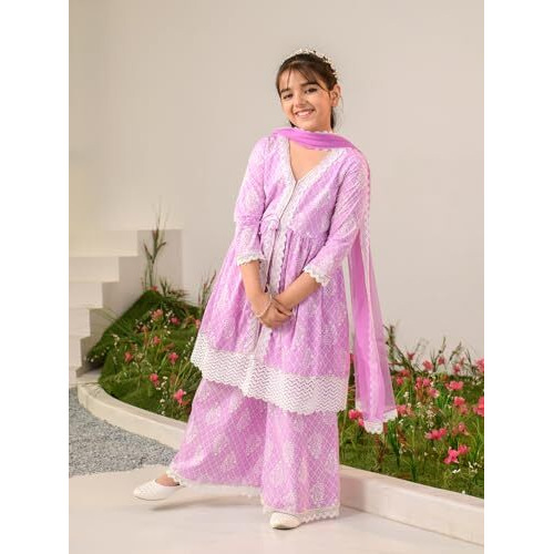 Pspeaches Girls Cotton Kurta & Palazzo (Ks-Purplekhaddi-6-7Y_Purple