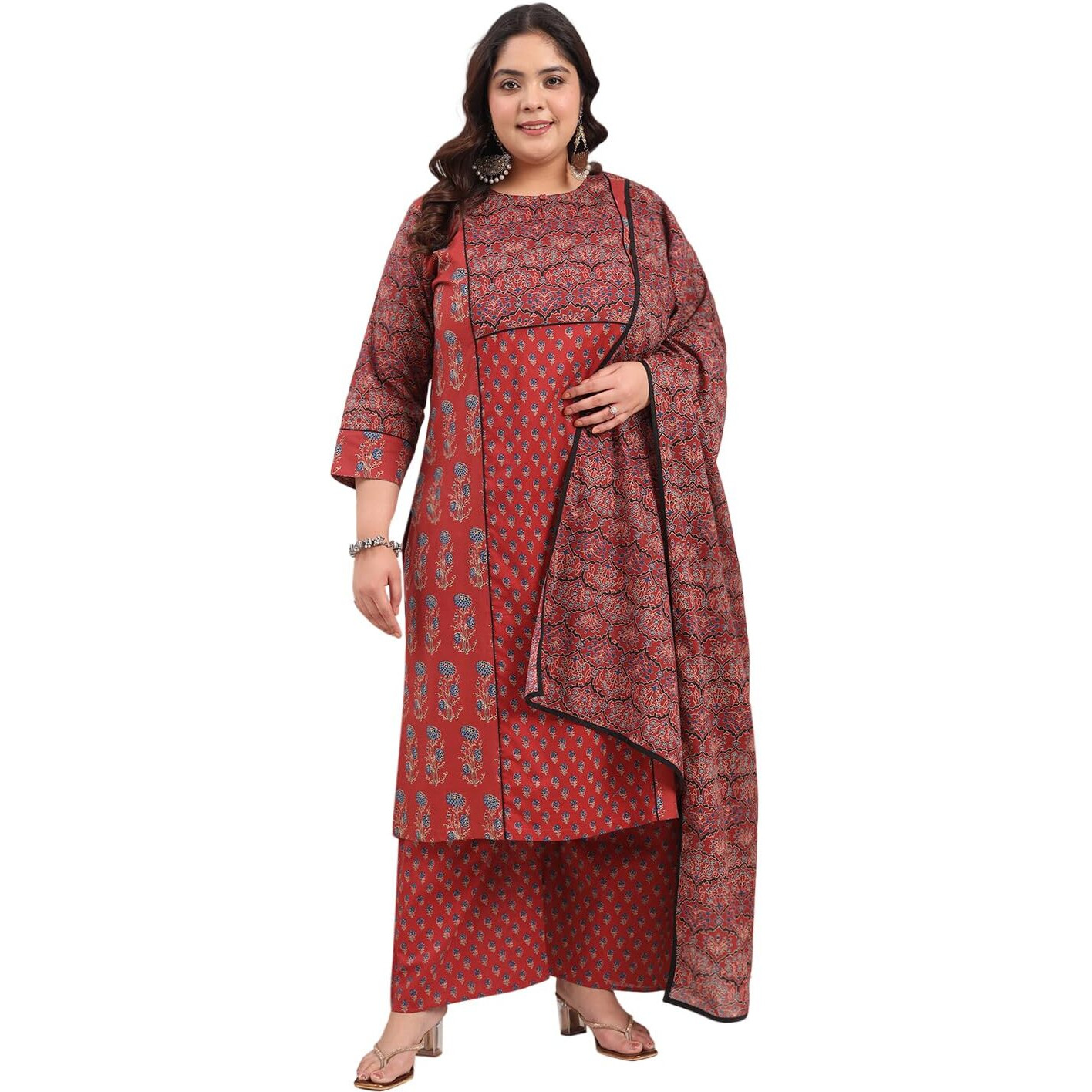 Tissu Womens Plus Size Pure Cotton Maroon Printed Kurta & Palazzo With Dupatta (739_Maroon_3Xl)