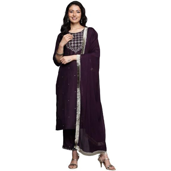 Varanga Womens Purple Thread Embroidered Sequins Embellished Straight Kurta Paired With Bottom And Dupatta