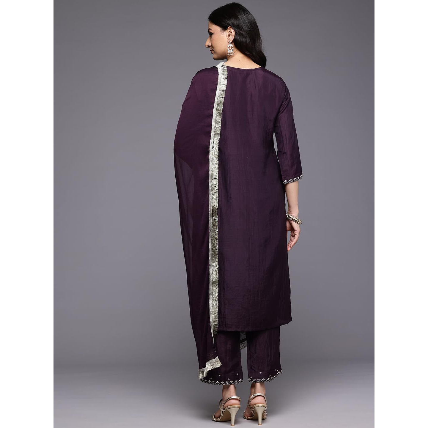 Varanga Womens Purple Thread Embroidered Sequins Embellished Straight Kurta Paired With Bottom And Dupatta