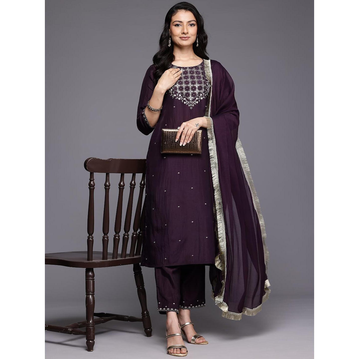 Varanga Womens Purple Thread Embroidered Sequins Embellished Straight Kurta Paired With Bottom And Dupatta