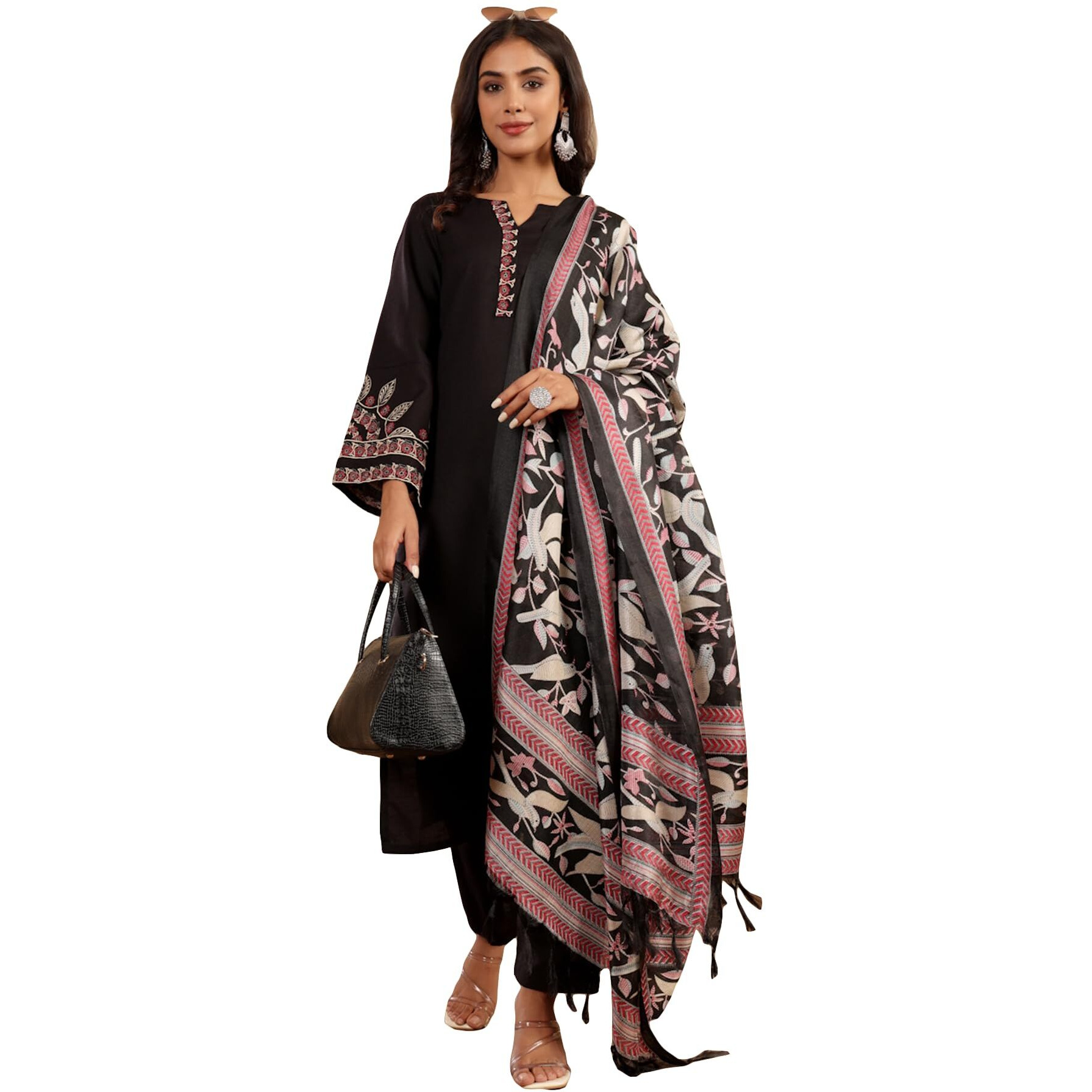 Varanga Thread Floral Embroidered Kurta Paired With Tonal Bottom And Printed Bhaghalpuri Dupatta Black