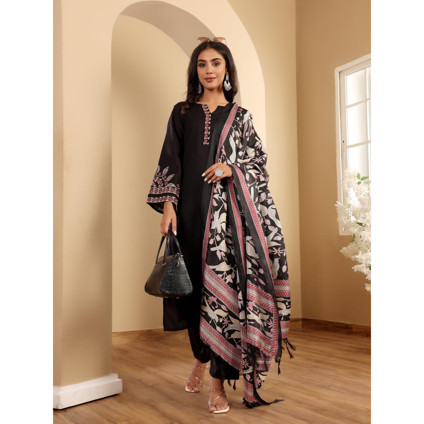 Varanga Thread Floral Embroidered Kurta Paired With Tonal Bottom And Printed Bhaghalpuri Dupatta Black