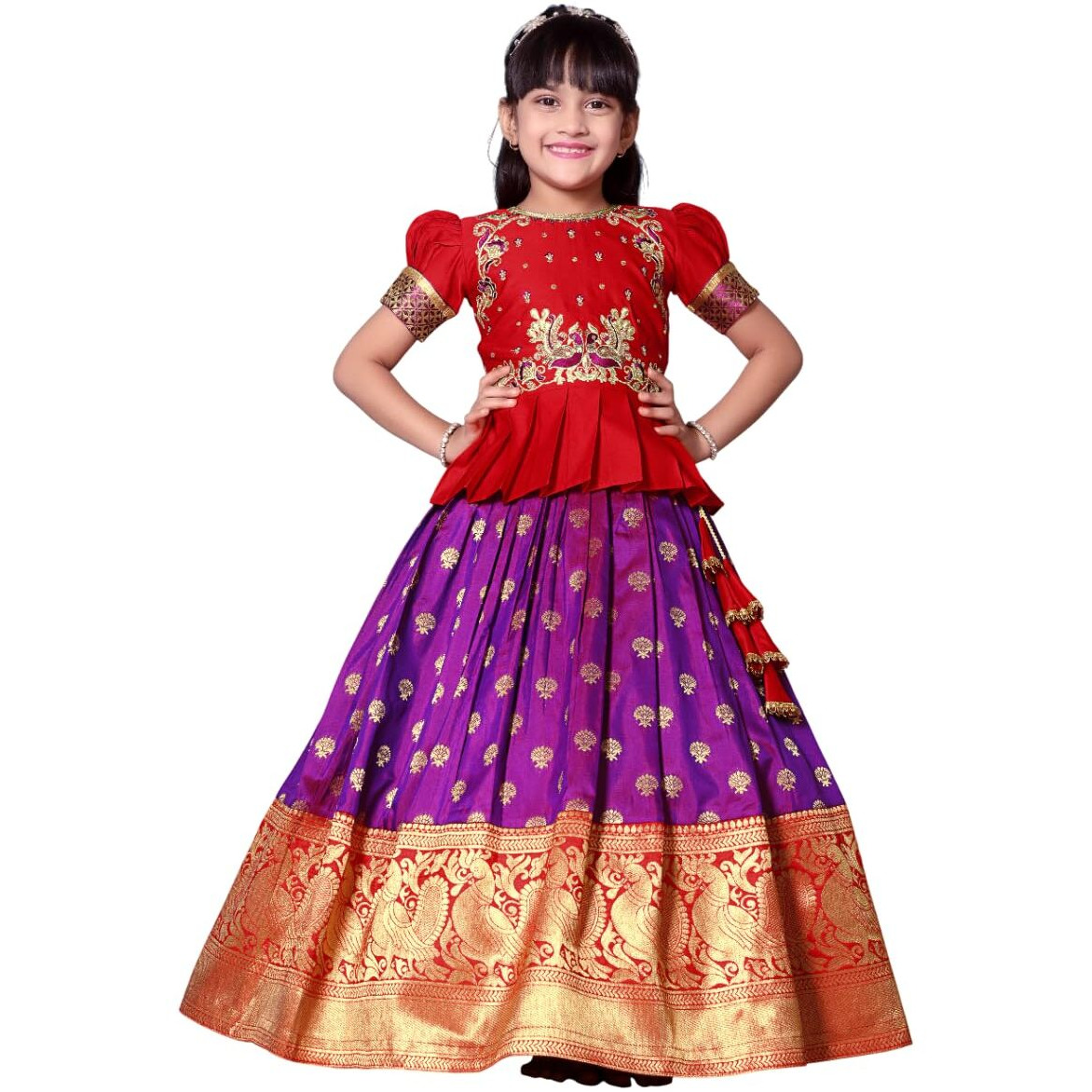 White Button New Latest Girls Pattu Pavadai Readymade Lehenga Choli For Girls Dress