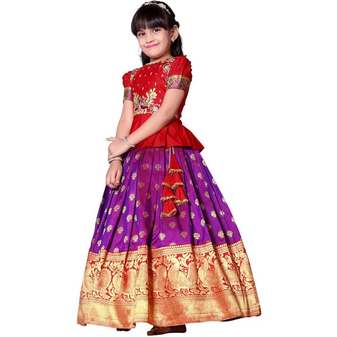 White Button New Latest Girls Pattu Pavadai Readymade Lehenga Choli For Girls Dress