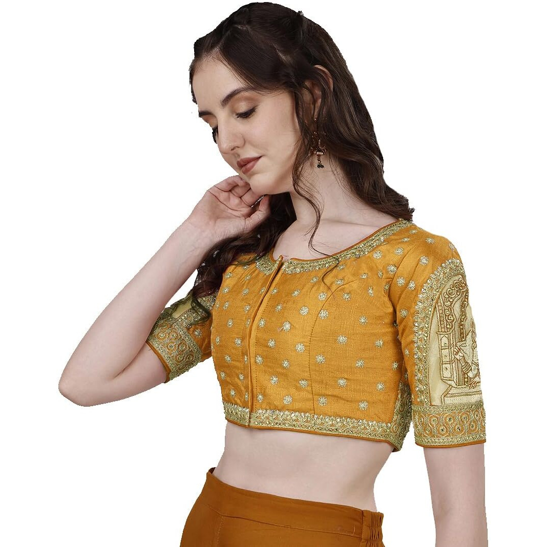 Vihu Fashion Womens Heavy Embroidery Coding With Sequins And Diamond Work Half Sleeves Fancy Cutwork Readymade Saree Blouse.(Palace Yellow_38)