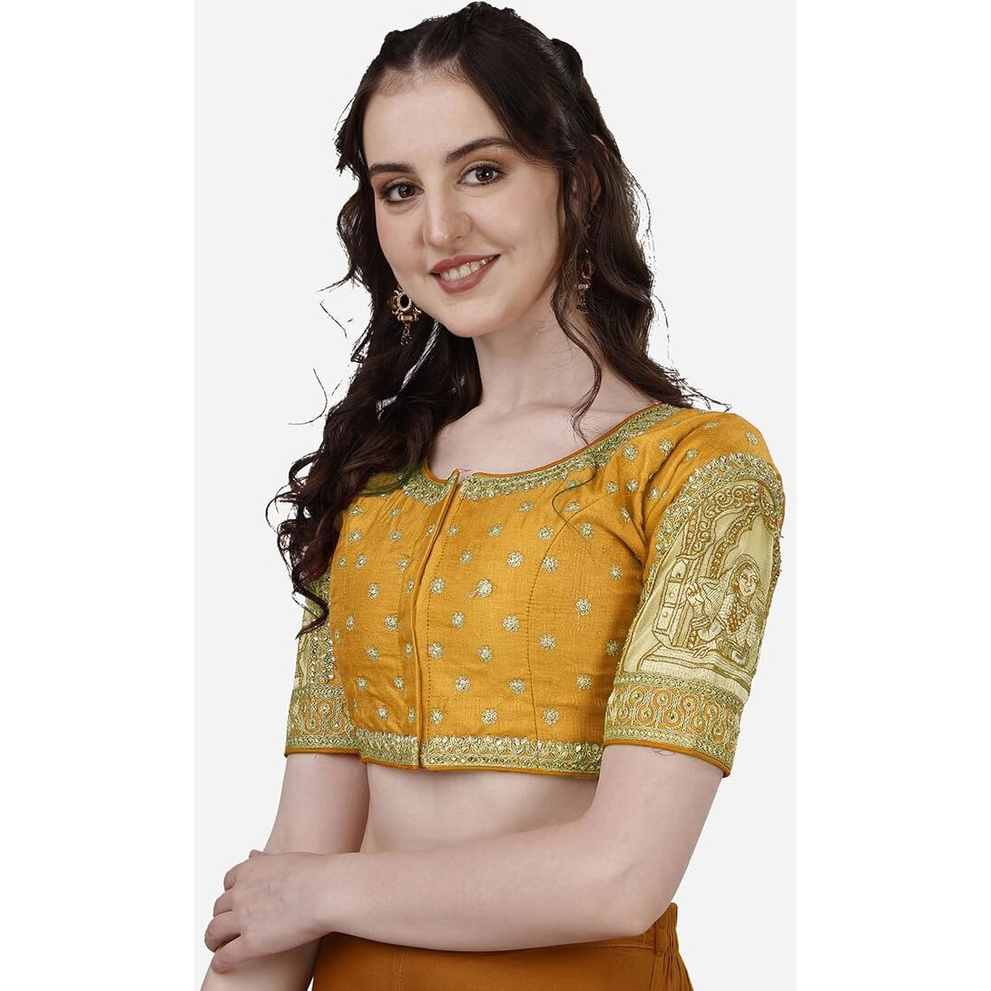 Vihu Fashion Womens Heavy Embroidery Coding With Sequins And Diamond Work Half Sleeves Fancy Cutwork Readymade Saree Blouse.(Palace Yellow_38)