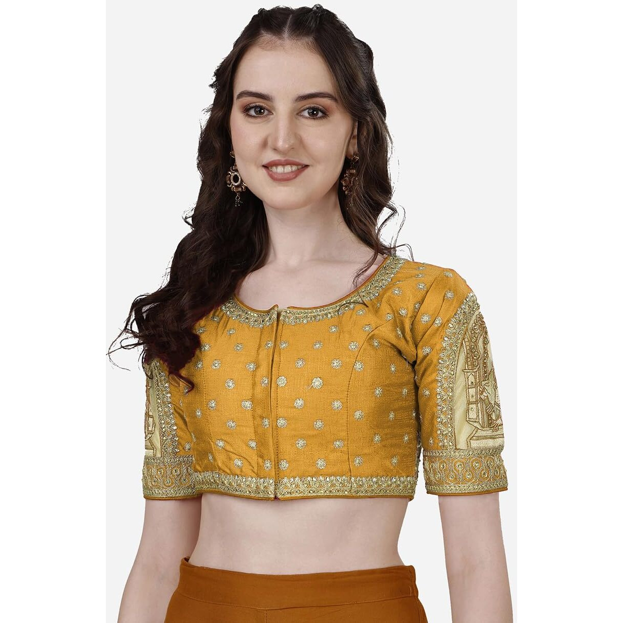 Vihu Fashion Womens Heavy Embroidery Coding With Sequins And Diamond Work Half Sleeves Fancy Cutwork Readymade Saree Blouse.(Palace Yellow_38)