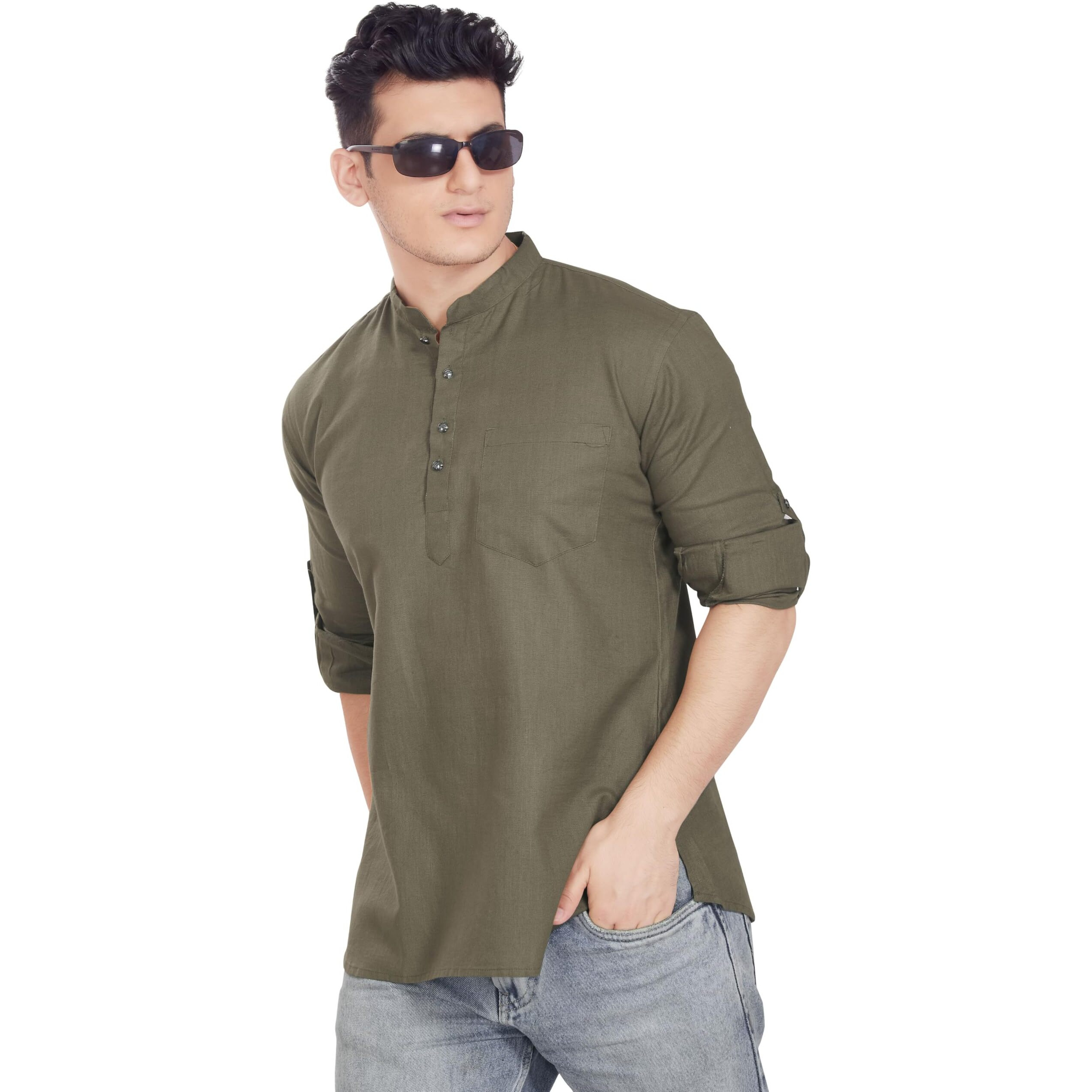 Divisive Mens Pure Cotton Relaxed Fit Short Kurta (Dkrt257_M_Mehndi)