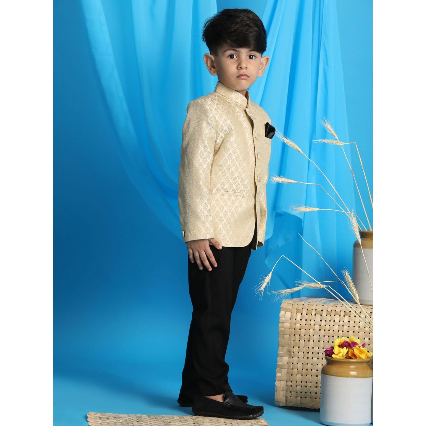 Jbn Creation Vastramay Boys' Cream Jacquard Jodhpuri Bandhgala (B1402)