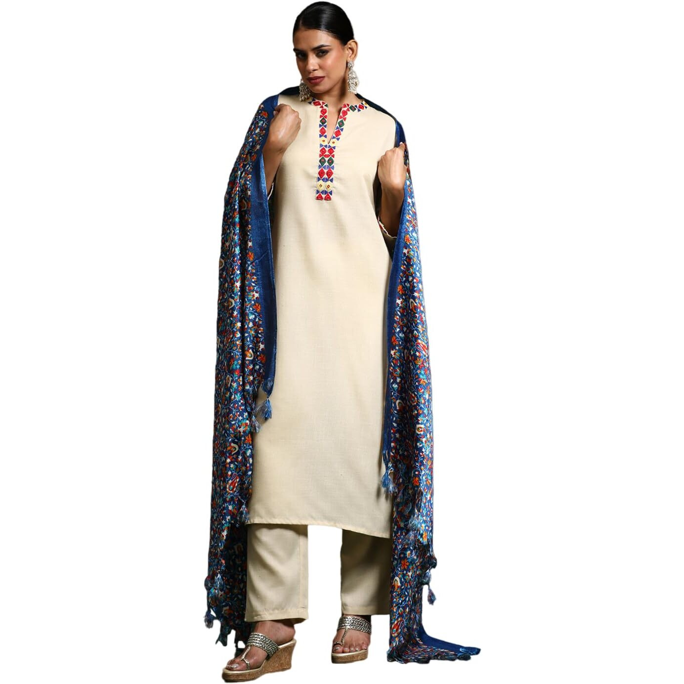 Varanga Women Mandarin Collar Kurta With Trouser And Printed Dupatta