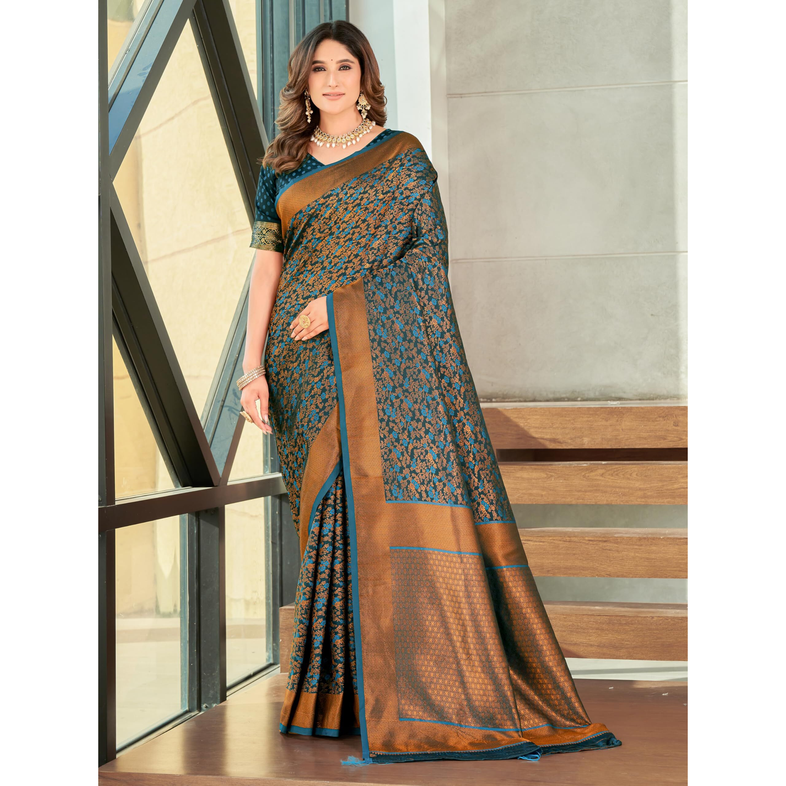 Glory Sarees Womens Pure Kanjivaram Soft Banarasi Original Satin Silk Saree Elegantly Crafted Graceful Wedding Design With Blouse Piece (Satin Silk103_Firozi)