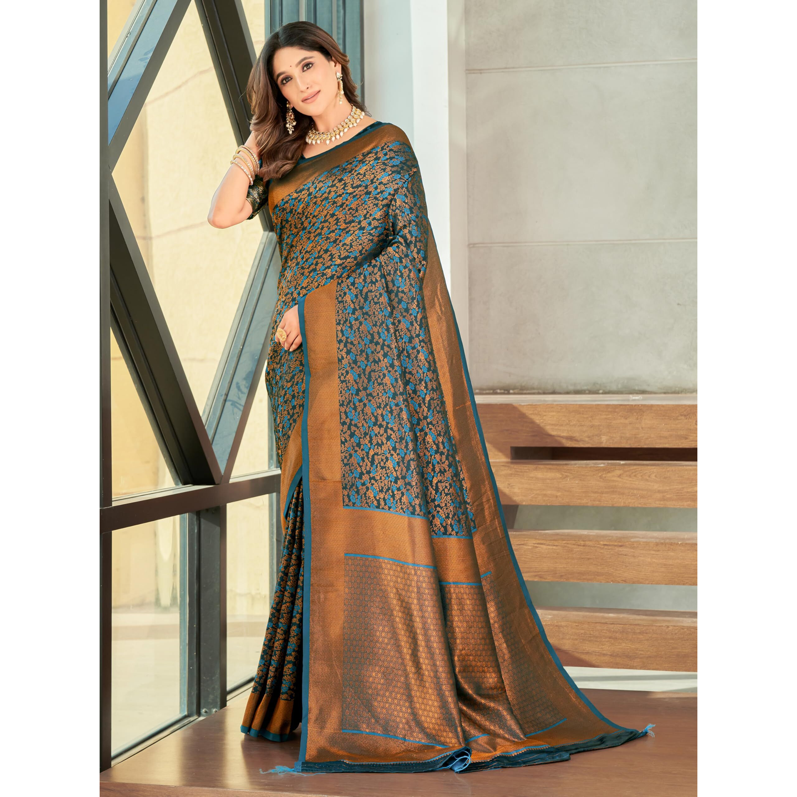 Glory Sarees Womens Pure Kanjivaram Soft Banarasi Original Satin Silk Saree Elegantly Crafted Graceful Wedding Design With Blouse Piece (Satin Silk103_Firozi)