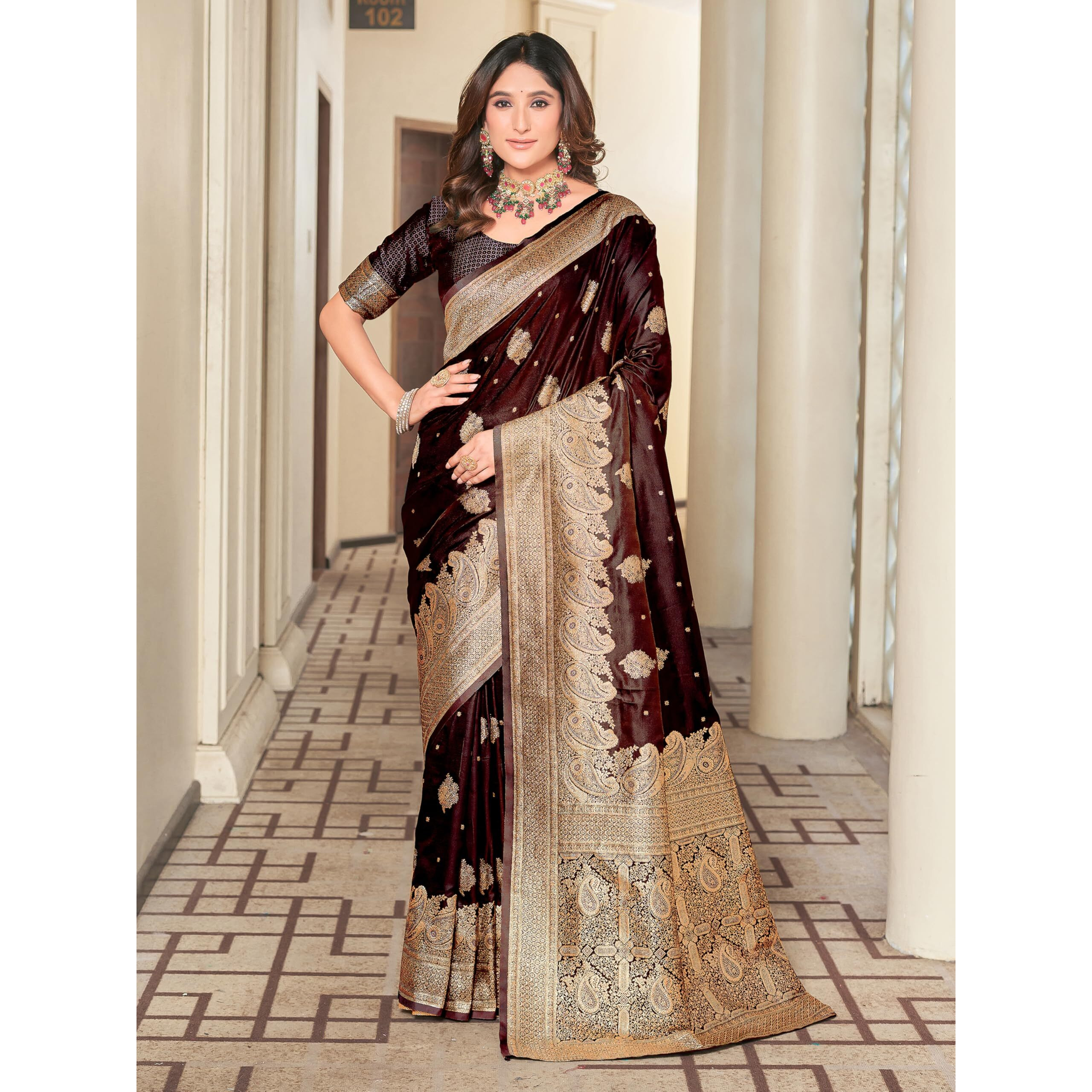 Glory Sarees Womens Pure Kanjivaram Soft Banarasi Original Satin Silk Saree Elegantly Crafted Graceful Wedding Design With Blouse Piece (Satin Silk101_Maroon)