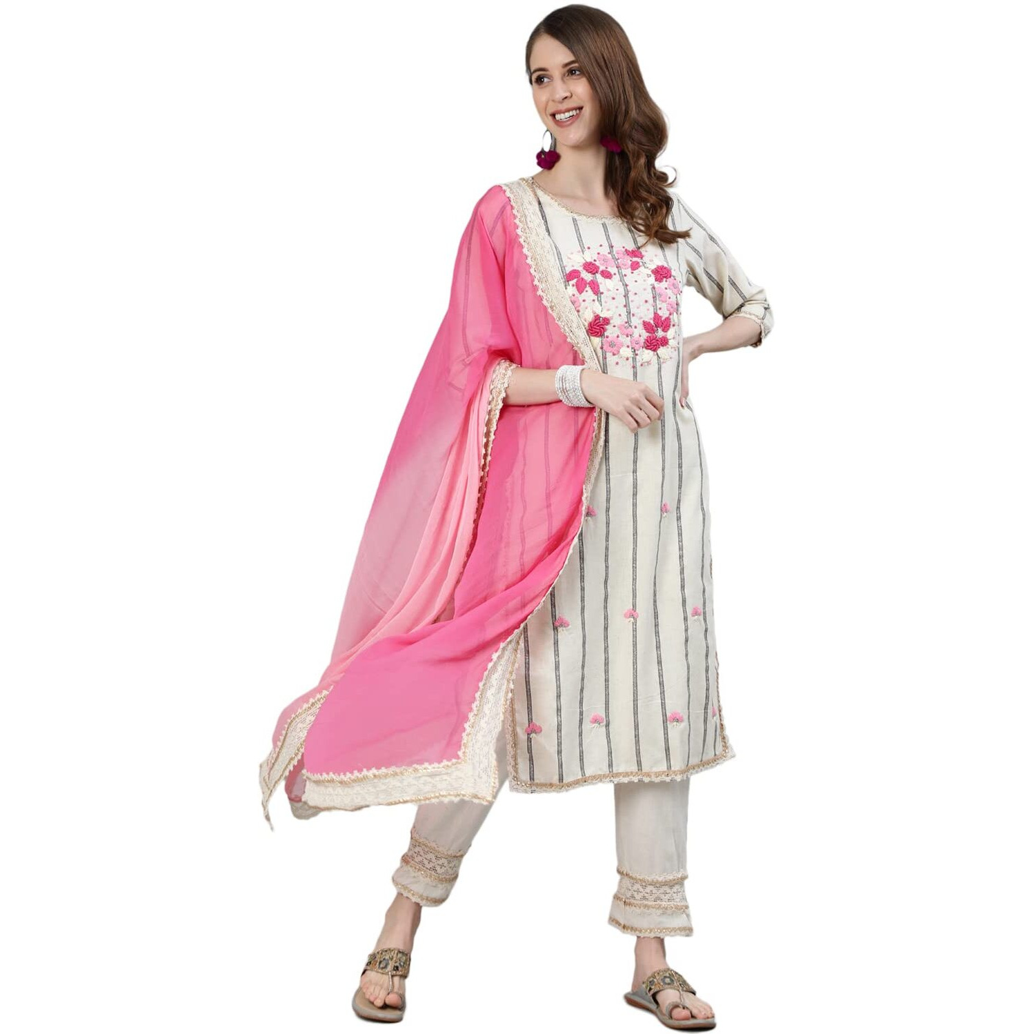 Ishin Womens Pure Cotton Embroidered A-Line Kurta Suit Set With Dupatta & Pants Dhkpldpnk-13044_M_Off White