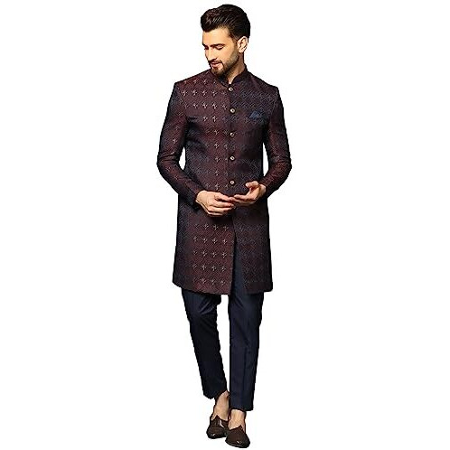Kisah Mens Purple And Navy Blue Sherwani Trousers Set, Indo-Western, Cotton Full Sleaves, Knee Length, Straight, Regular Fit, Mandarin Collar Ethnic Wear|42