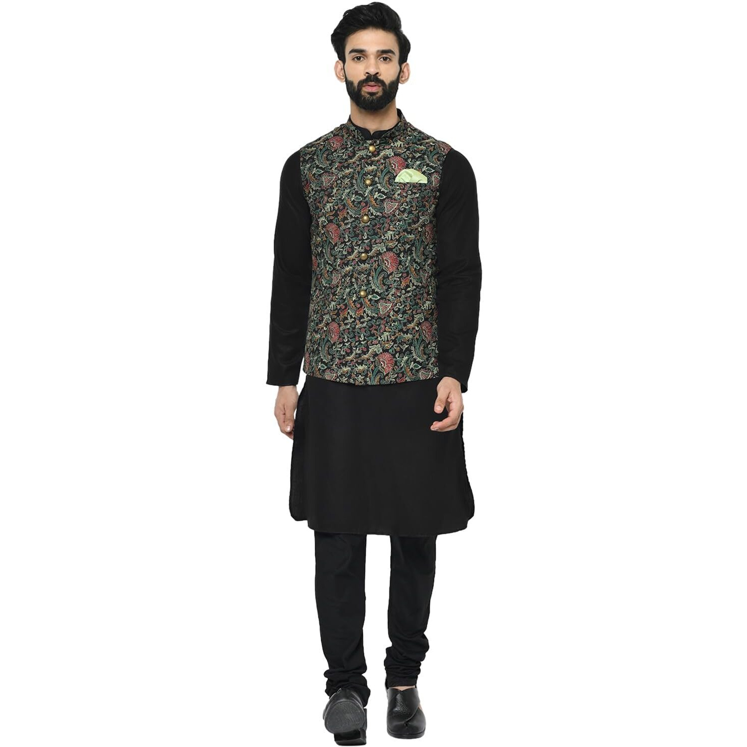 Kisah Men Printed Kurta Jacket Set, Full Sleaves, Knee Length, Straight, Regular Fit, Mandarin Collar Ethnic Wear