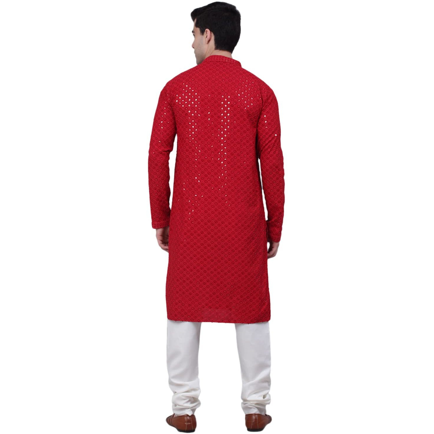 Jompers Men Cotton Chikankari Embroidered And Sequence Kurta With Churidar (Maroon, S)
