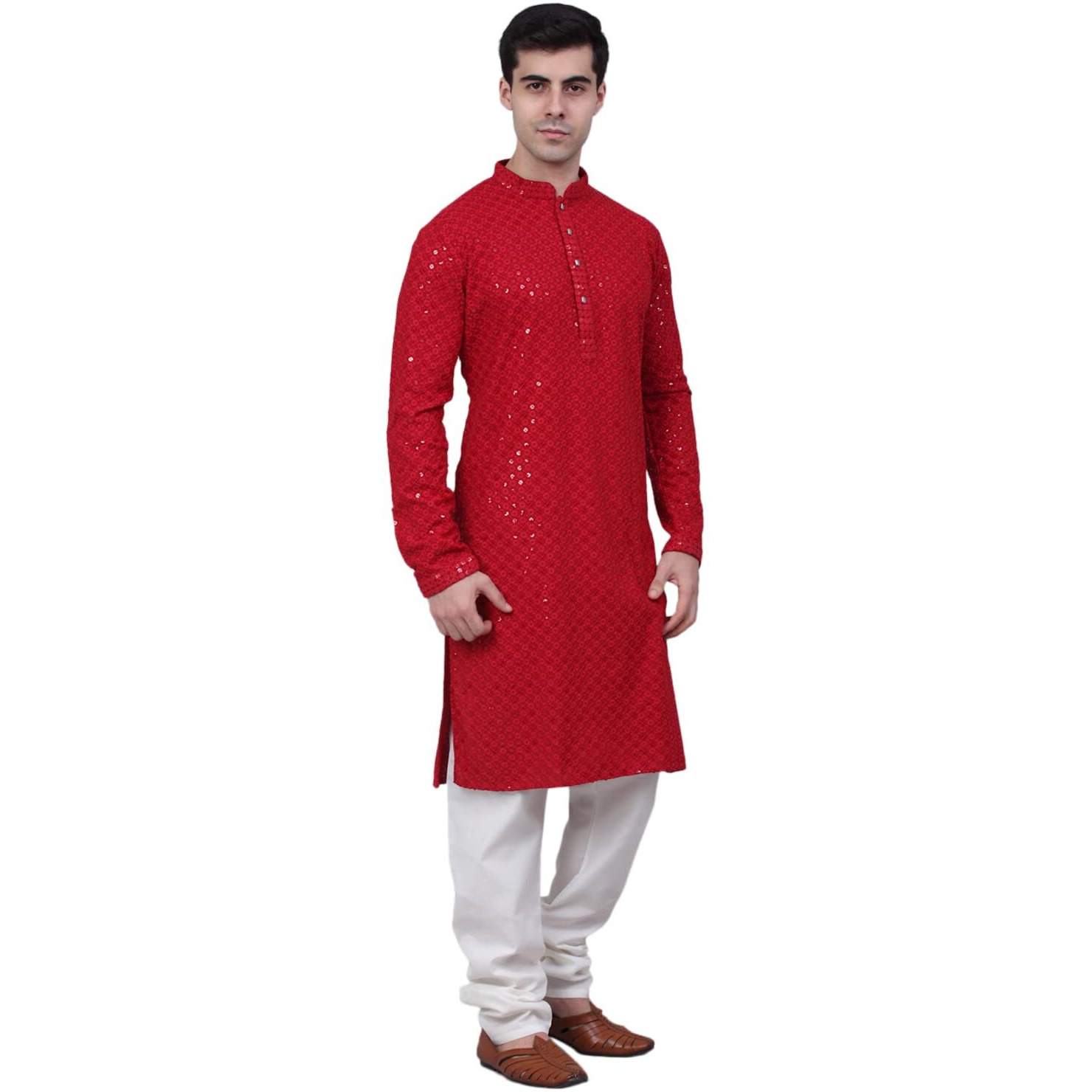 Jompers Men Cotton Chikankari Embroidered And Sequence Kurta With Churidar (Maroon, S)