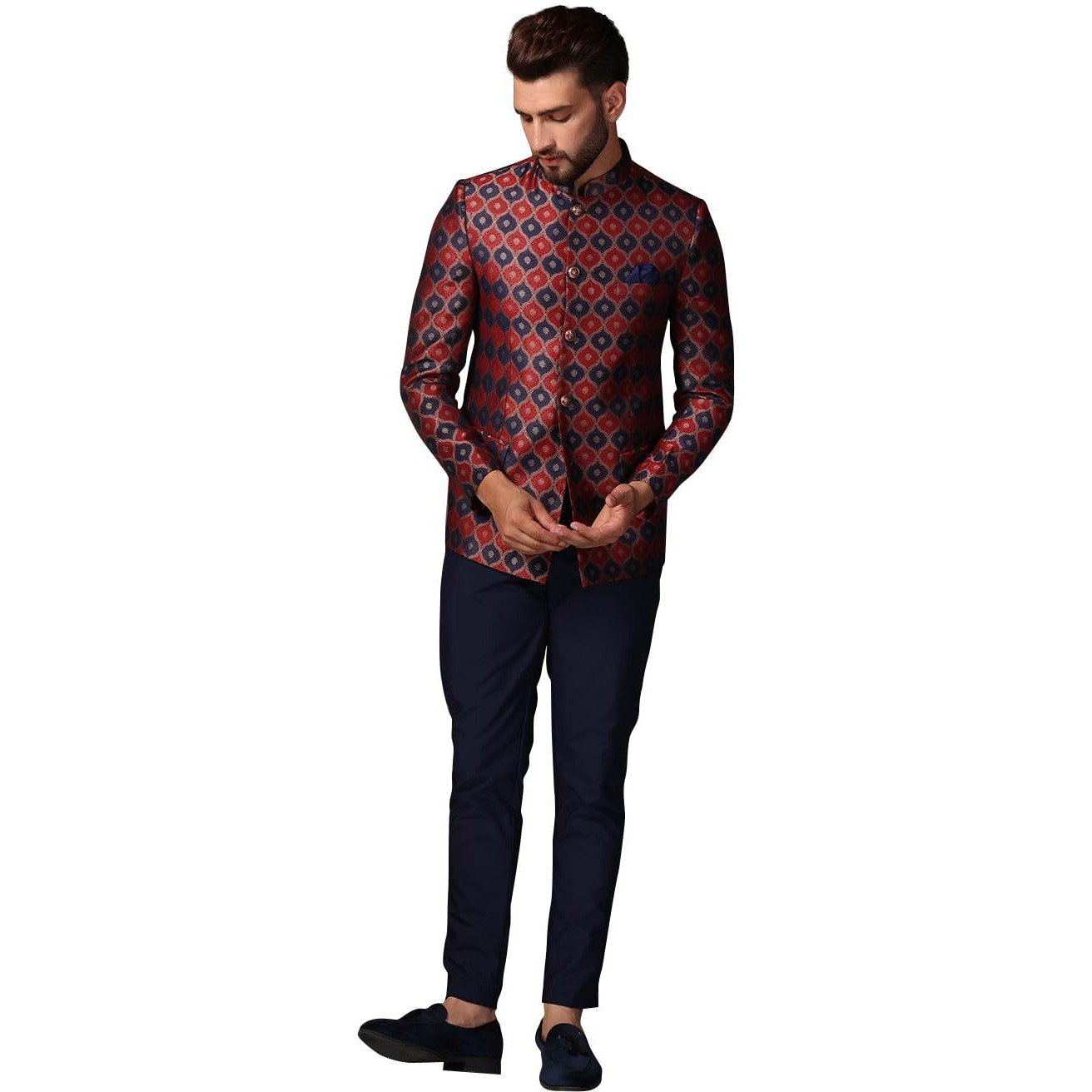 Kisah Mens Jodhpuri Bandhgala Trouser Set Silk Blend Jacquard, Ethnic Wear For Men, Maroon, 42