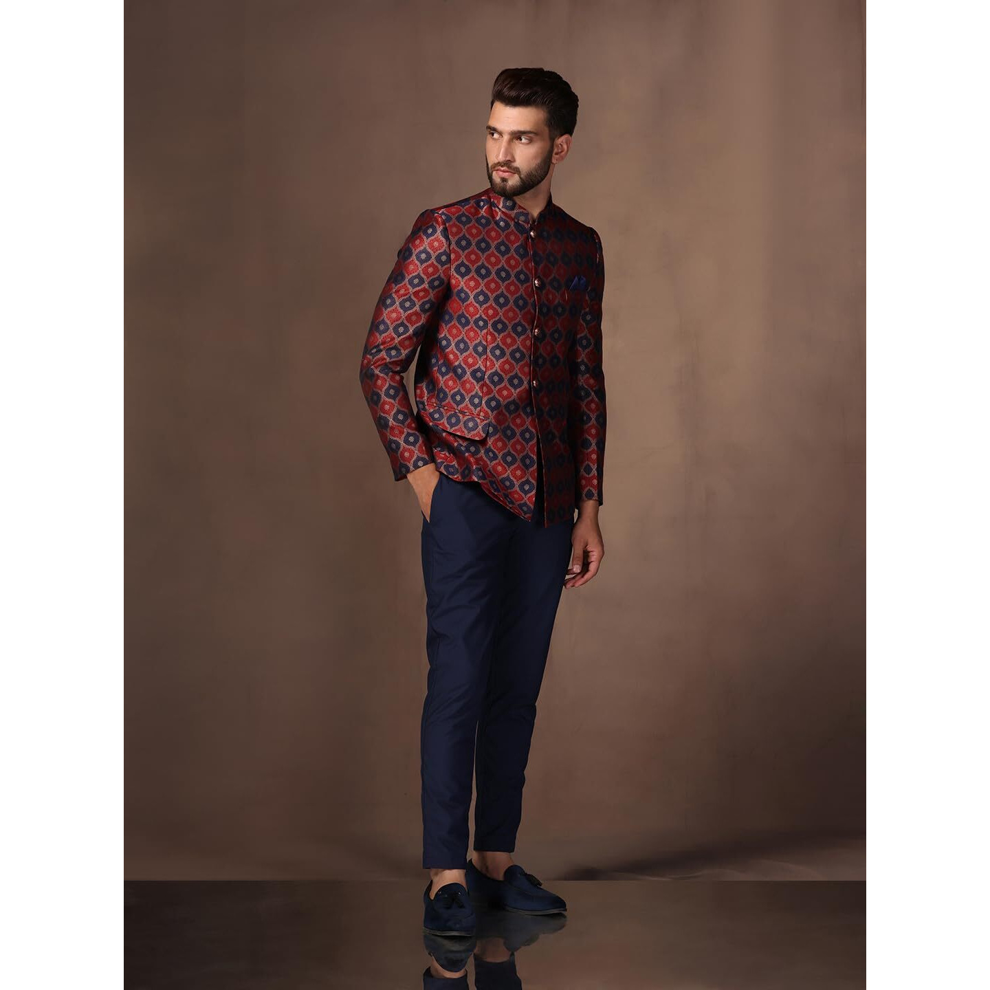 Kisah Mens Jodhpuri Bandhgala Trouser Set Silk Blend Jacquard, Ethnic Wear For Men, Maroon, 42