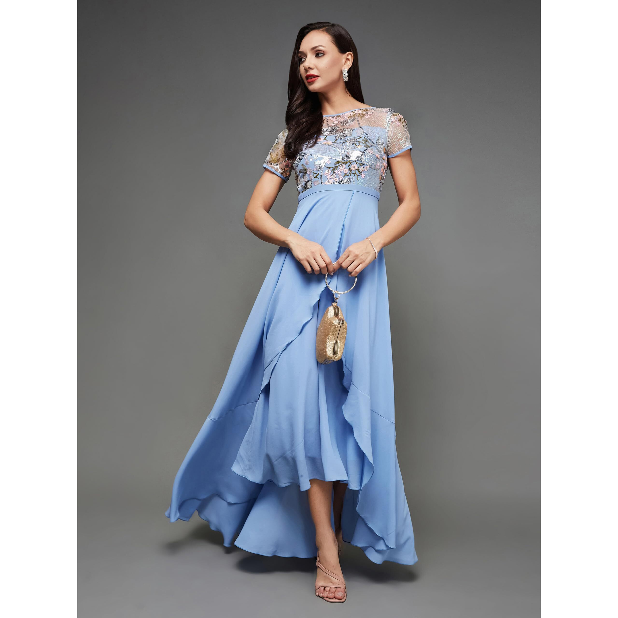 Miss Chase Womens Round Neck Short Sleeve Floral Layered Midi Dress (Mcss25D93-48-231-04, Multicolored Base Sky Blue, M)