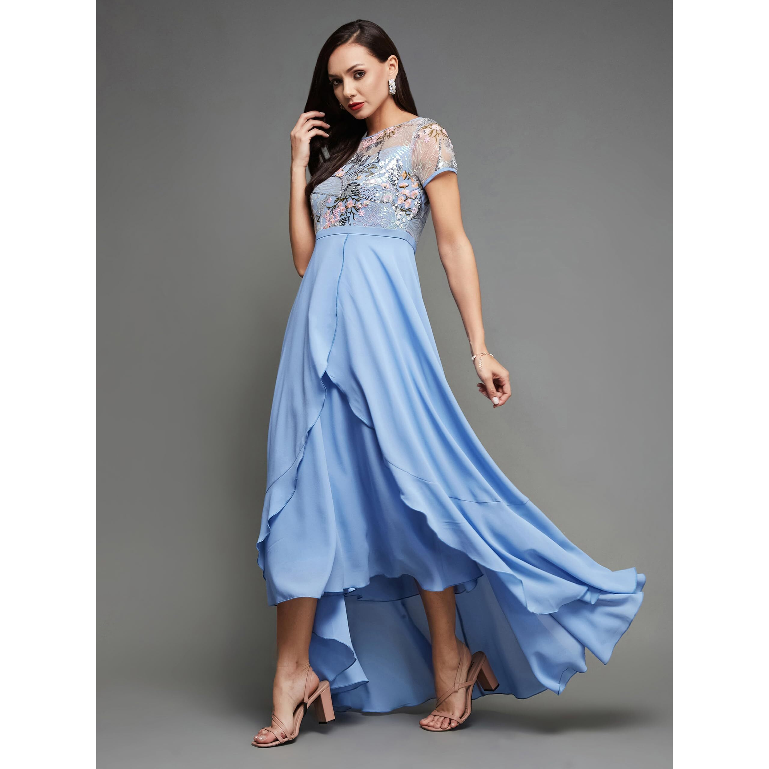 Miss Chase Womens Round Neck Short Sleeve Floral Layered Midi Dress (Mcss25D93-48-231-04, Multicolored Base Sky Blue, M)
