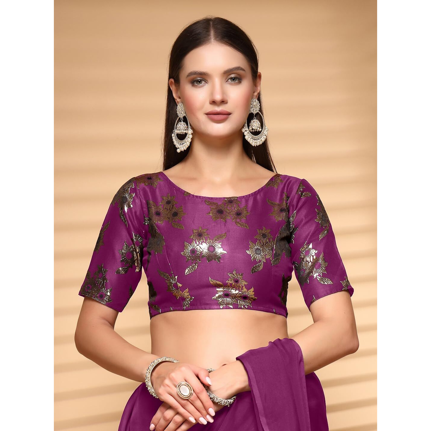 Oomph Womens Indian Ethnic Wear Designer Floral Pattern Zari Work Boat Neck Half Sleeve Onion Pink Color Brocade Readymade Blouse For Saree Or Lehnga And Fusion Twist. M
