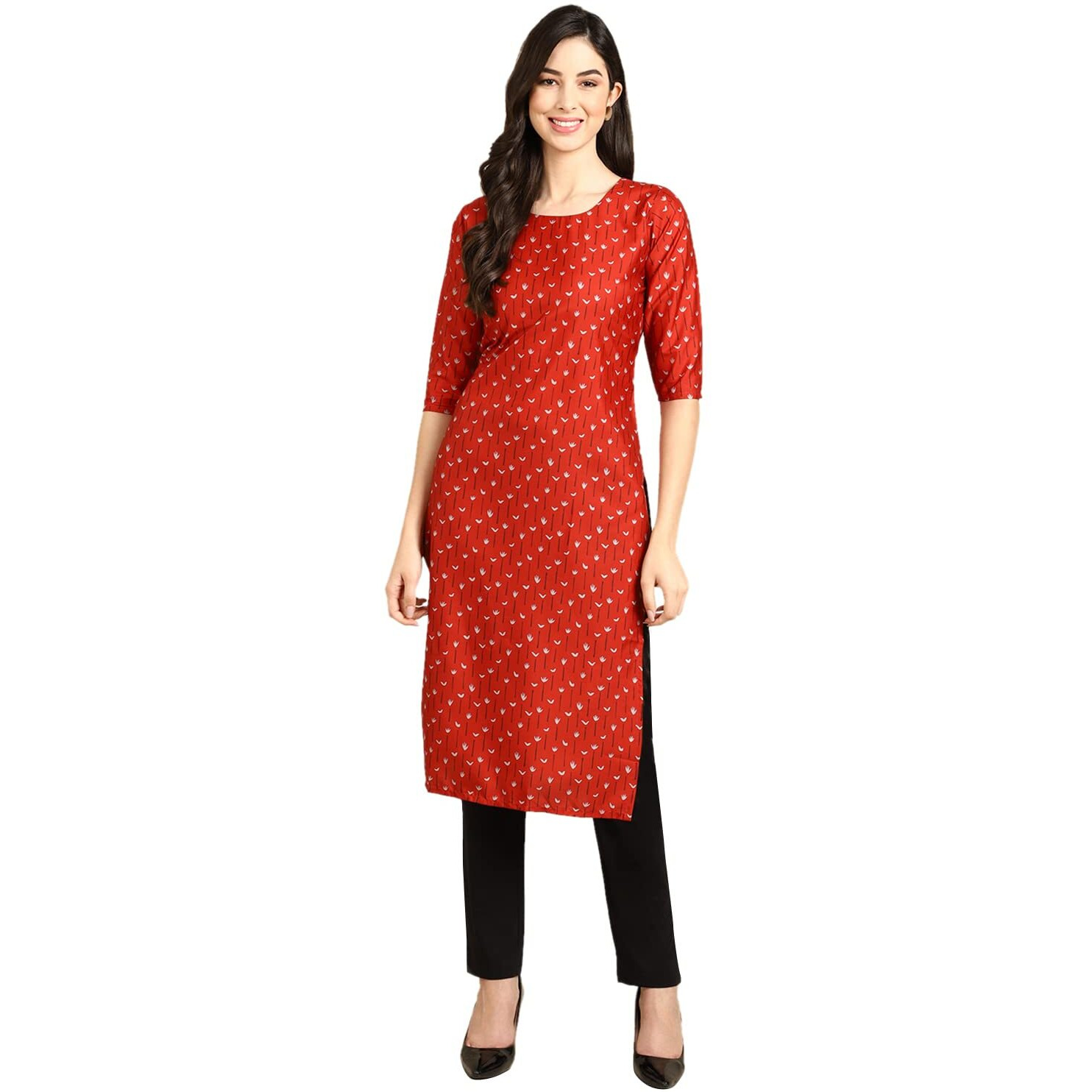 Pinkmint Womens Crepe Red Color Floral Printed Straight Kurti (R-530370_Xl )