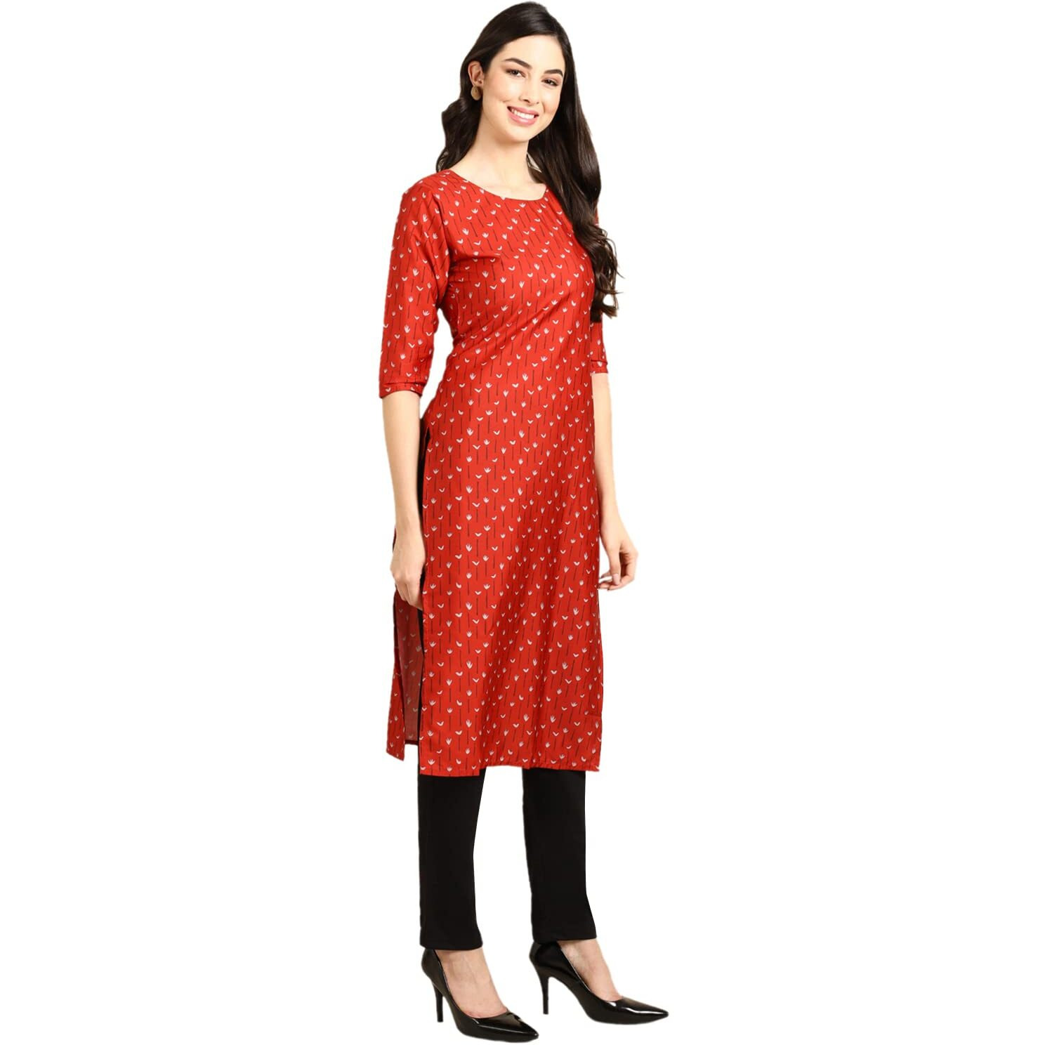 Pinkmint Womens Crepe Red Color Floral Printed Straight Kurti (R-530370_Xl )