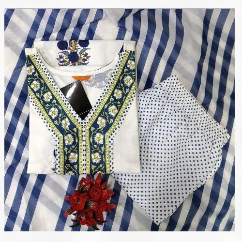 Pinkmint Womens Hevy Cotton Blend White&Yellow Kurta Set L Stitched Printed Dupatta Set L Stylish Women Festival Dress (Pack Of 1)